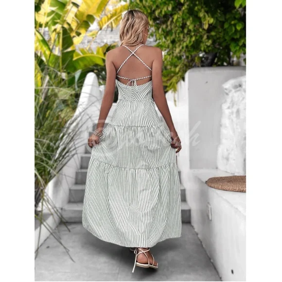 Striped Boho Maxi Button Front White Dress - Picture 2 of 8